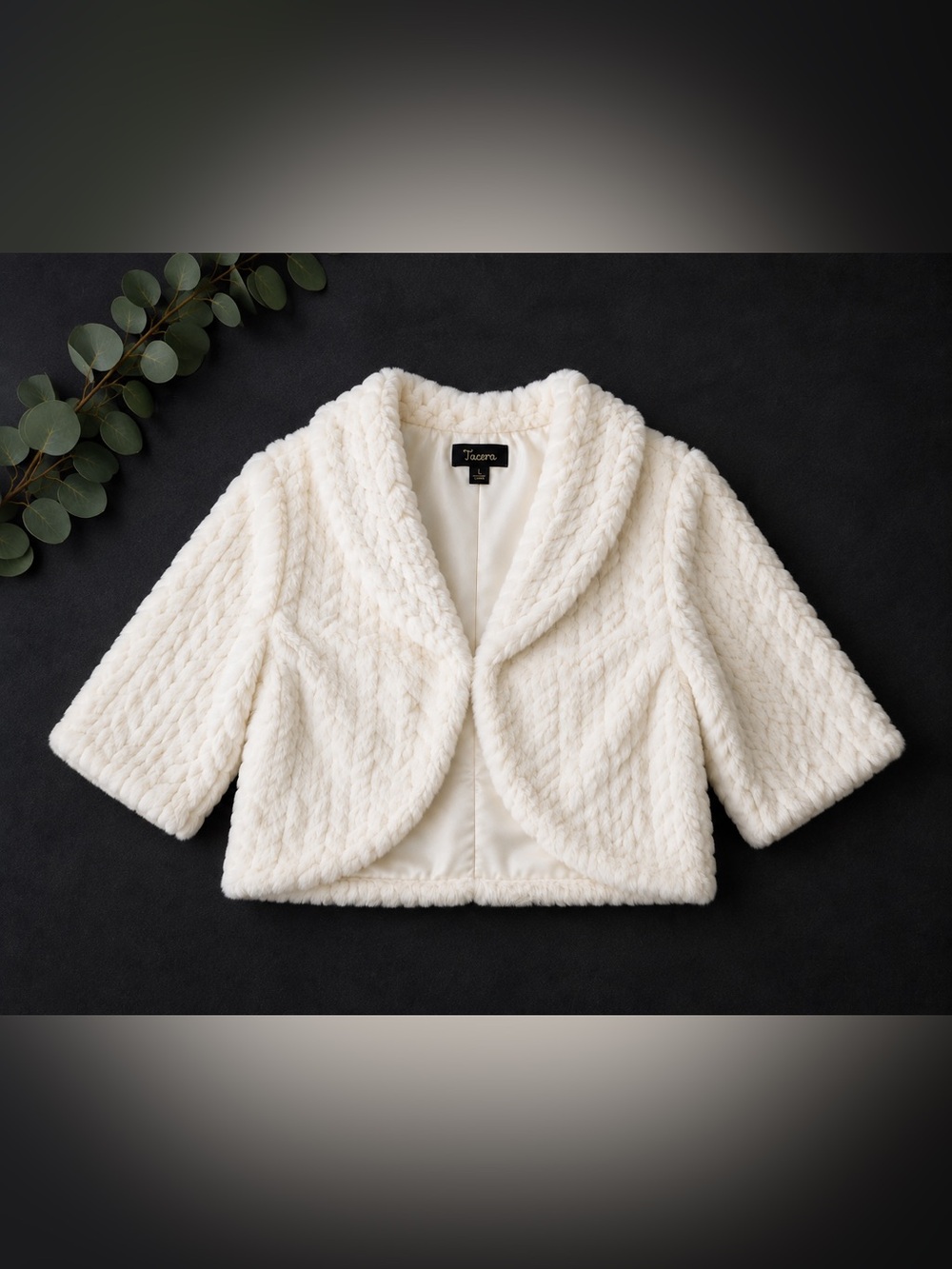 Tacera Cream Textured Short Sleeve Faux Fur Cropped Jacket-Size L